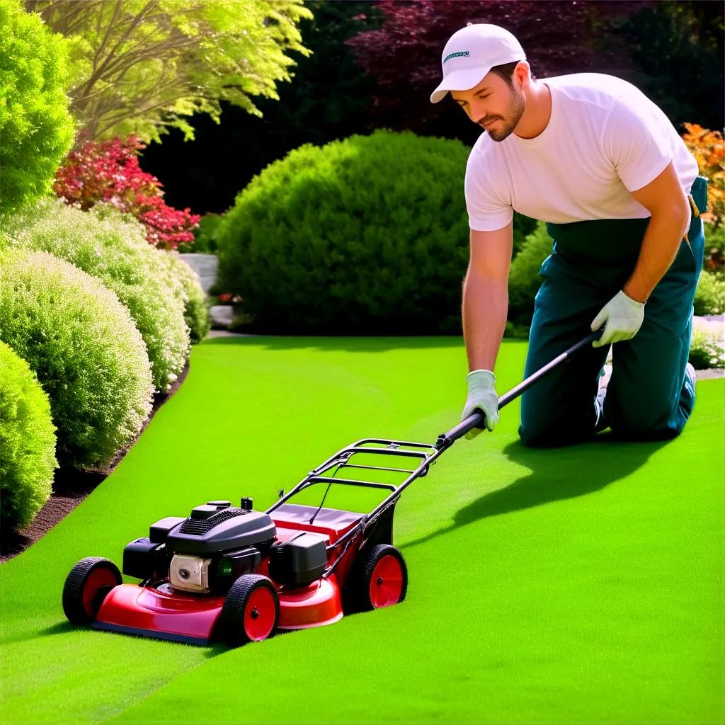 man mows his lawn with a push mower