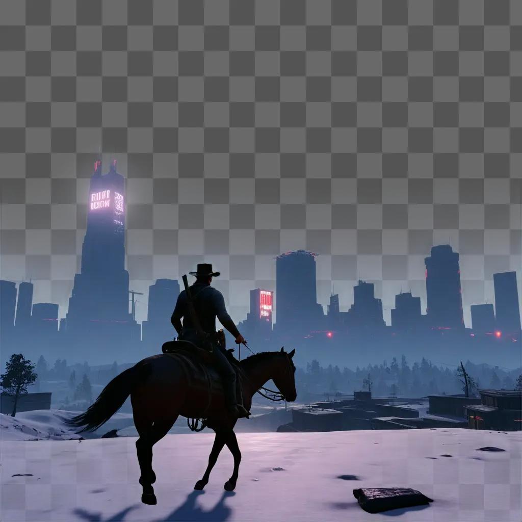 man on horseback rides through the city in RDR2