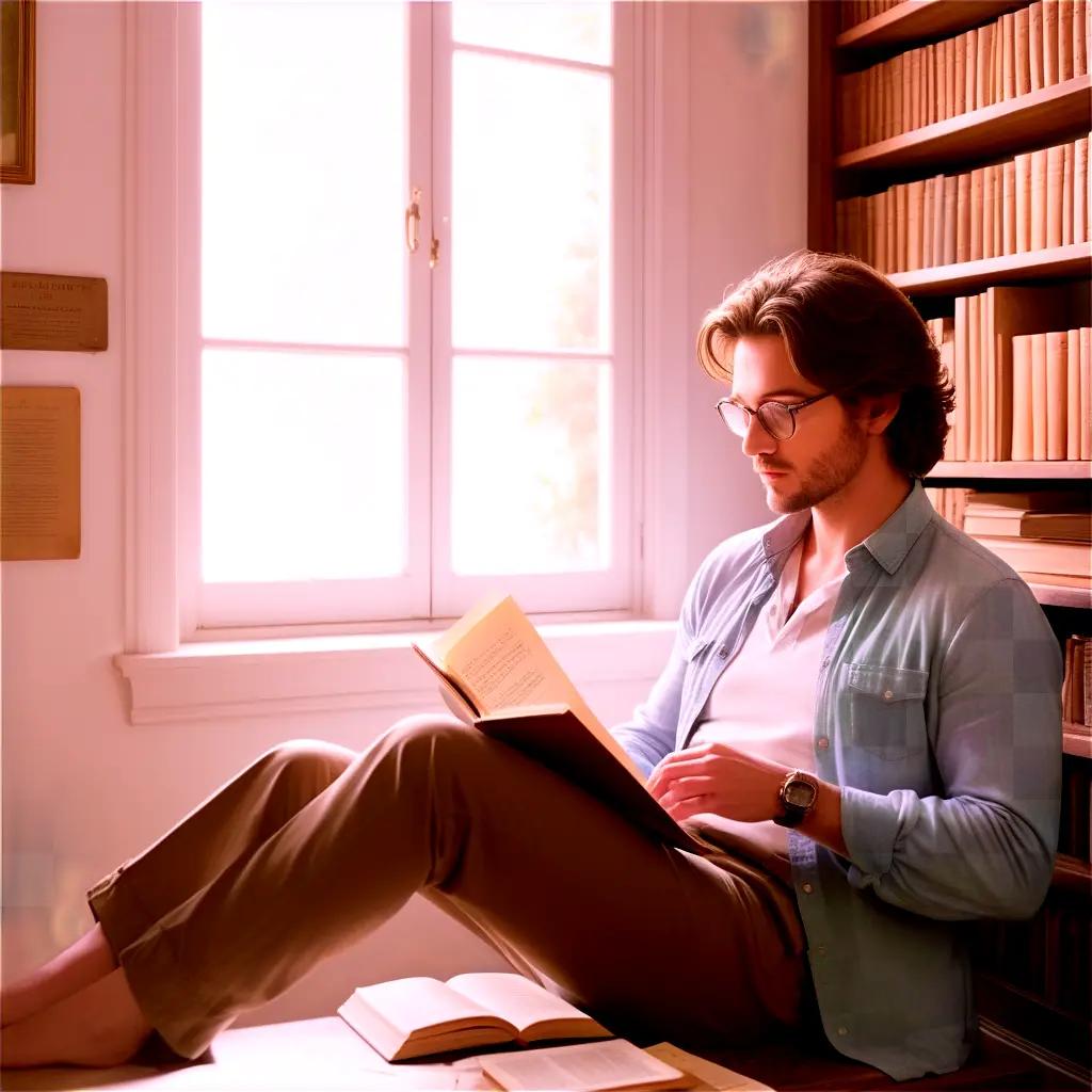 man reading a book in a library