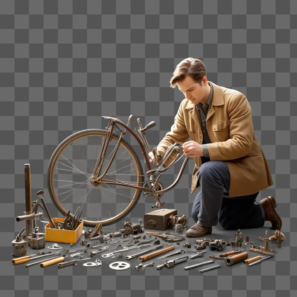 工具で自転車を修理する男性