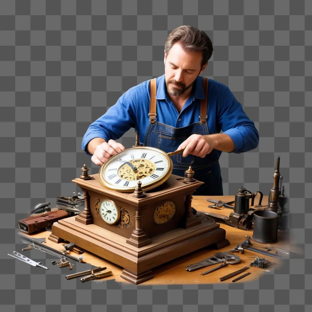 man repairing a clock on a wooden table