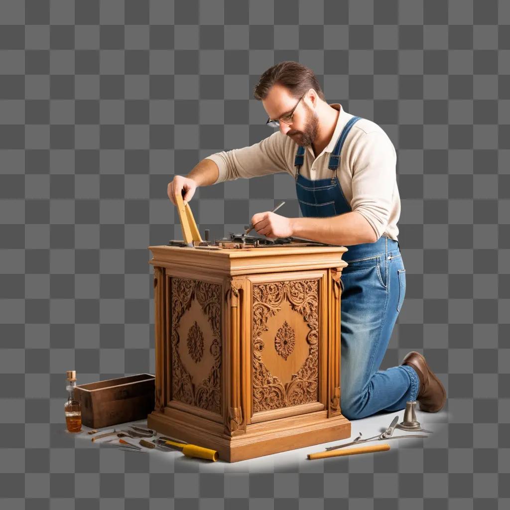 man repairing a wooden table with tools