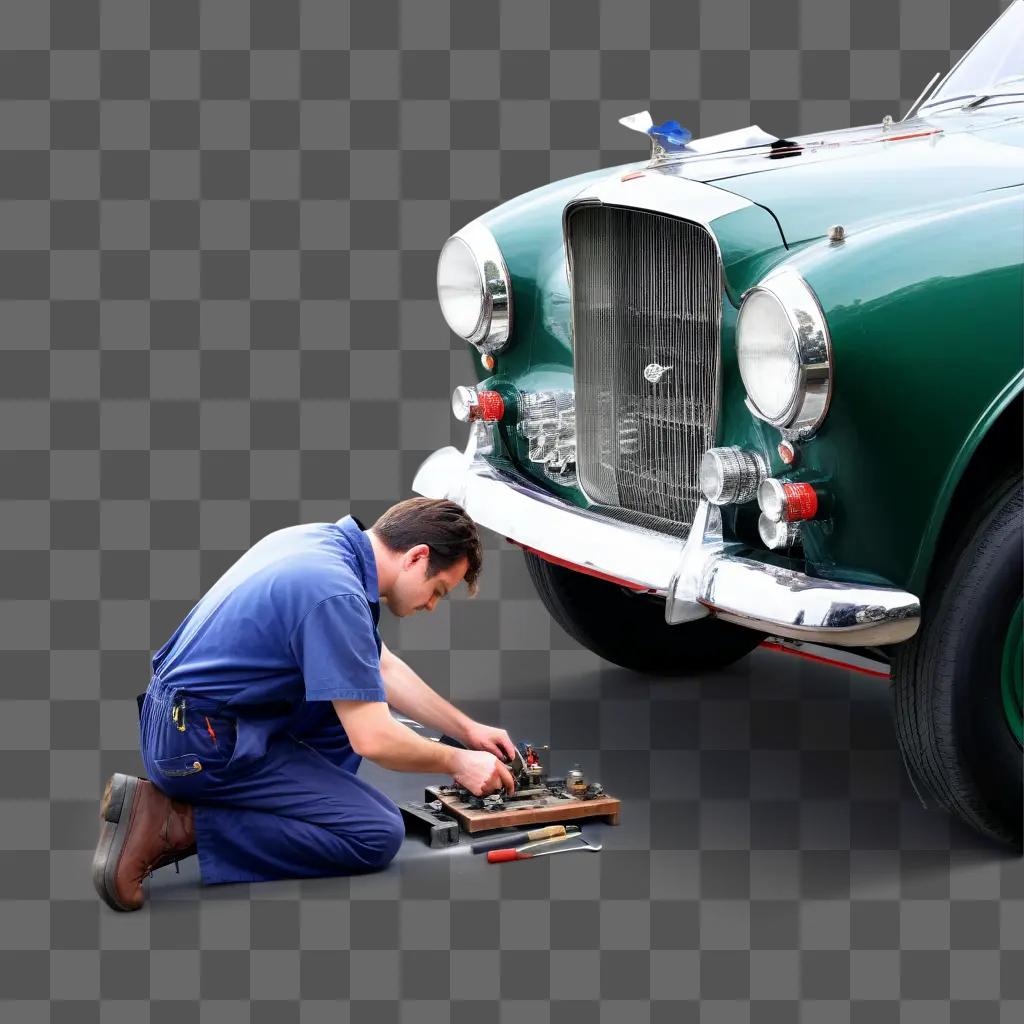 man repairing an old car with tools