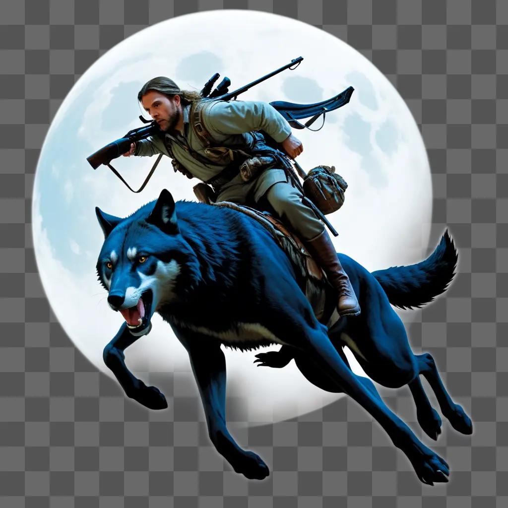 man rides a wolf while holding a rifle