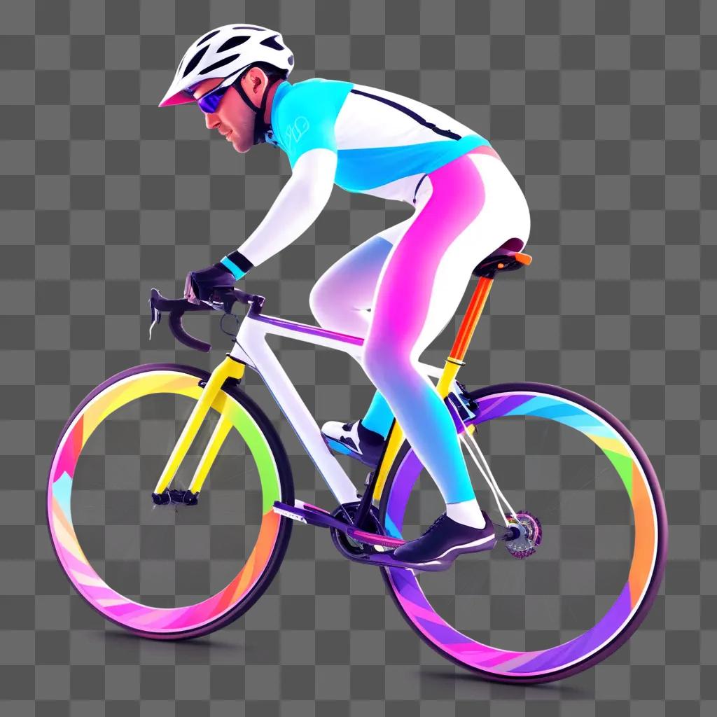 man riding a multicolored bicycle with a bright light behind him