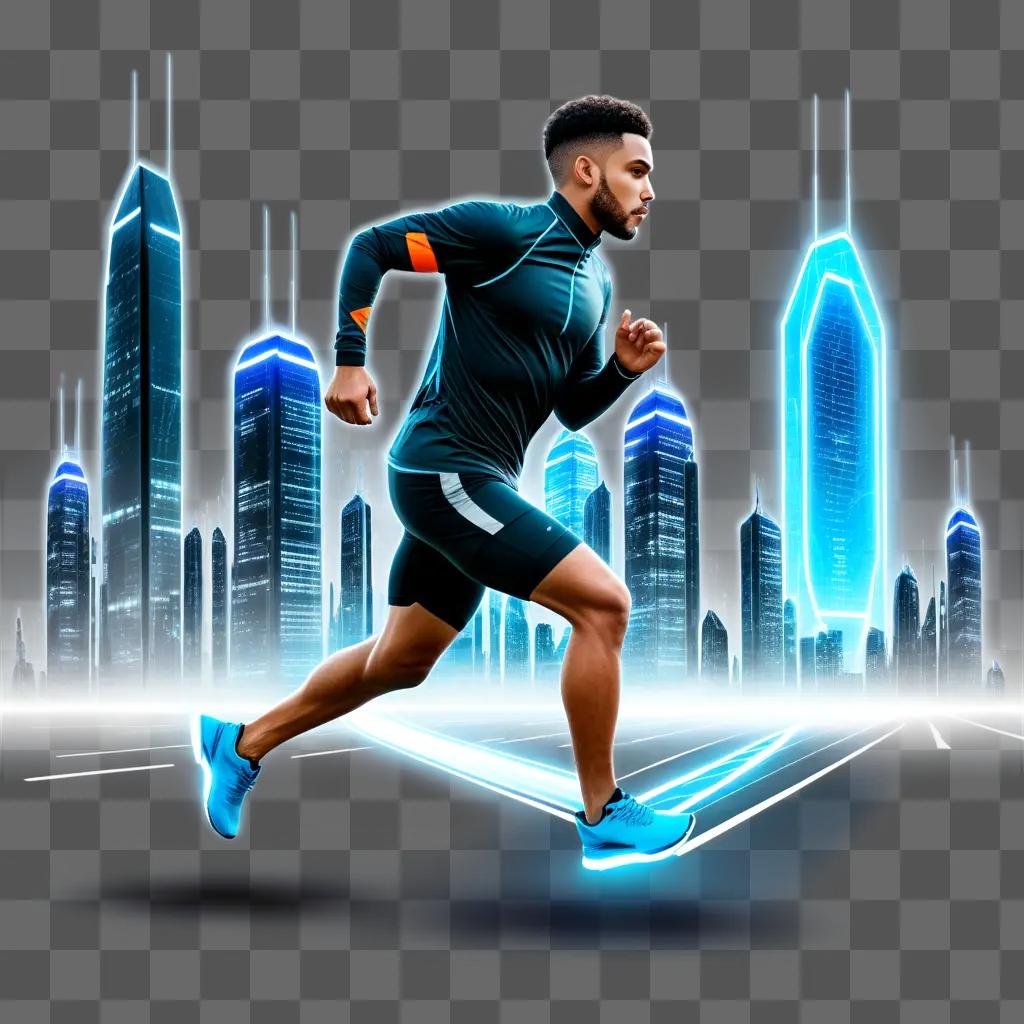 man runs through a cityscape with a transparent background