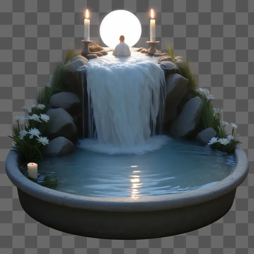 man sits in a pool of water with a candle