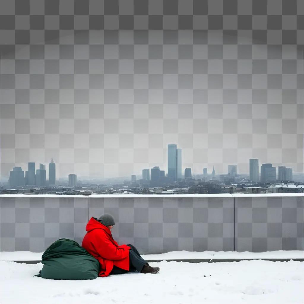街を背景に雪の中に座る男