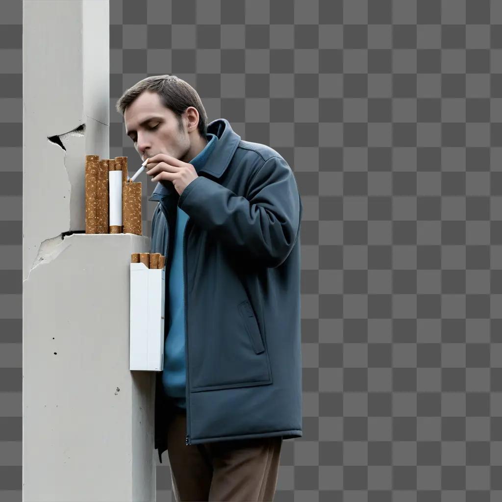 man smoking a cigarette in front of a wall