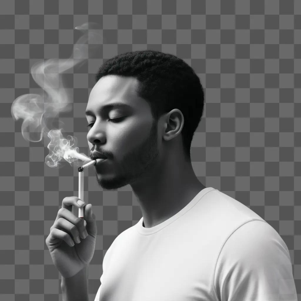 man smoking a cigarette with a black and white background