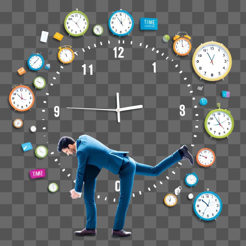 man standing in front of a colorful clock with time management tips