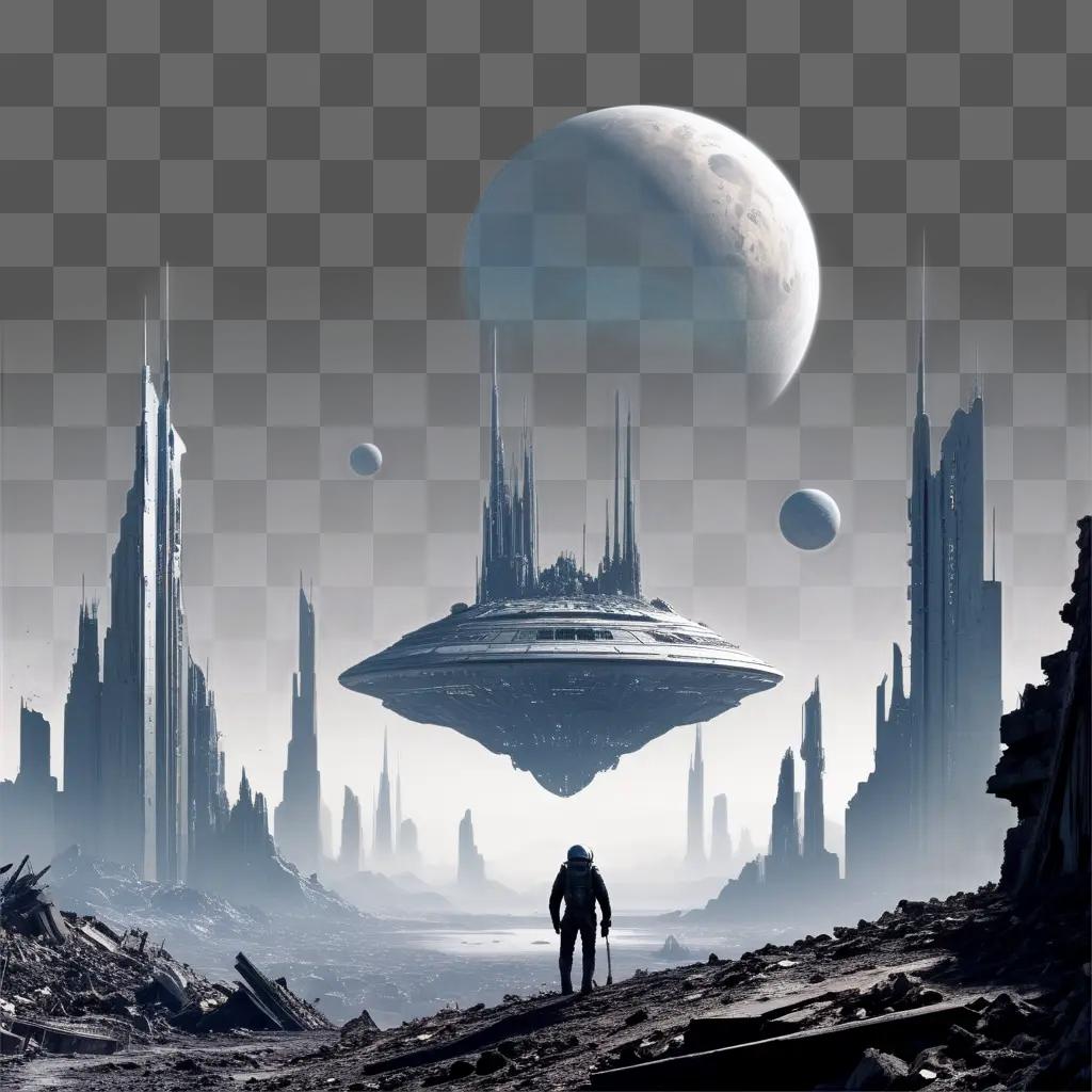 man standing on a planet with a spaceship flying nearby