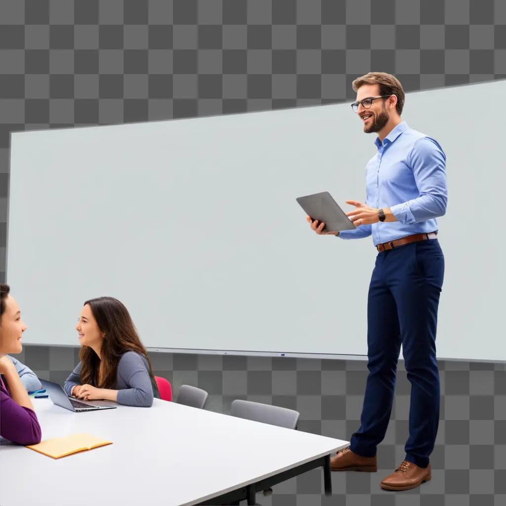 man stands at a podium with a laptop in front of him