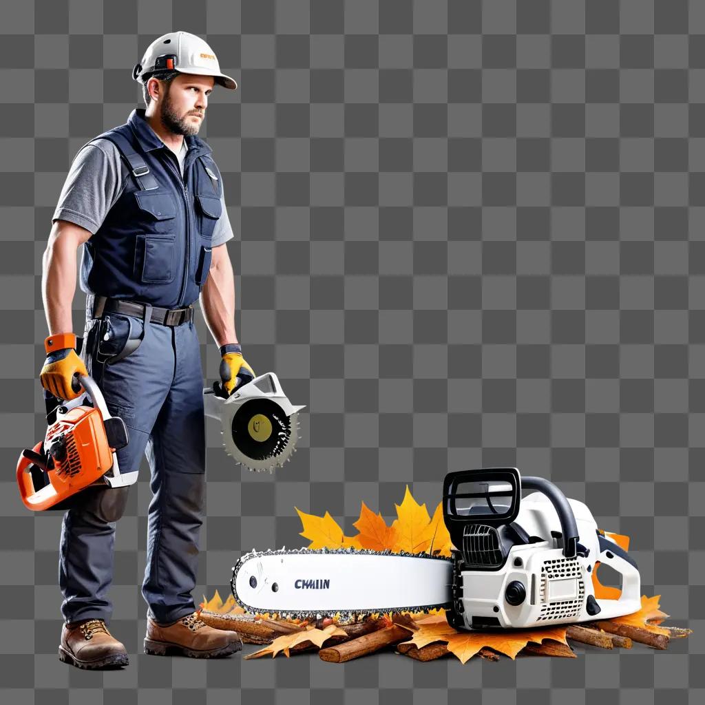 man stands with a chainsaw on firewood