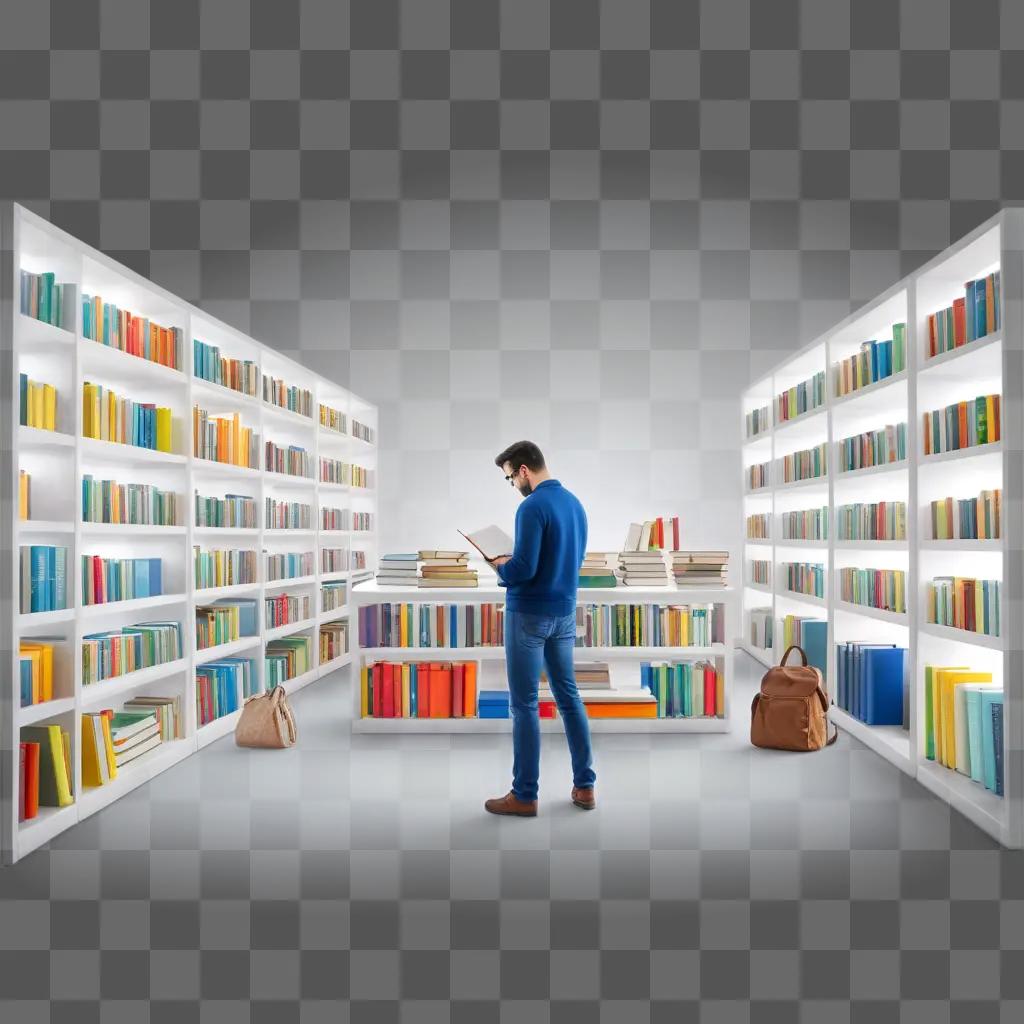 man studying in a library with a backpack