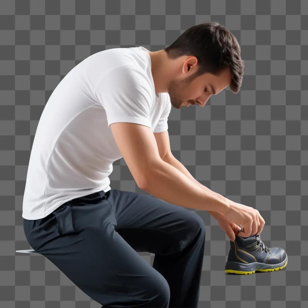 man ties his shoe while wearing a white shirt and black pants