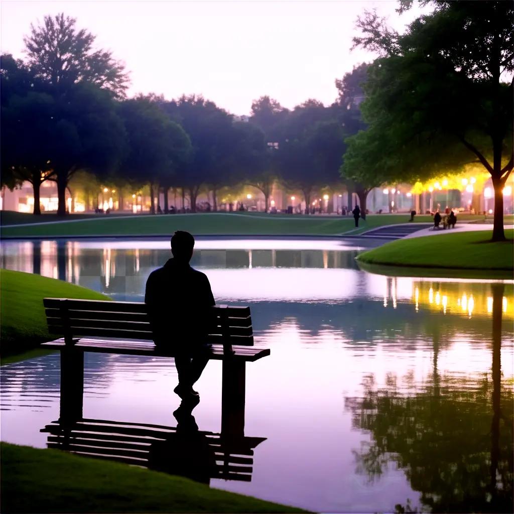 man waits on a bench at sunset