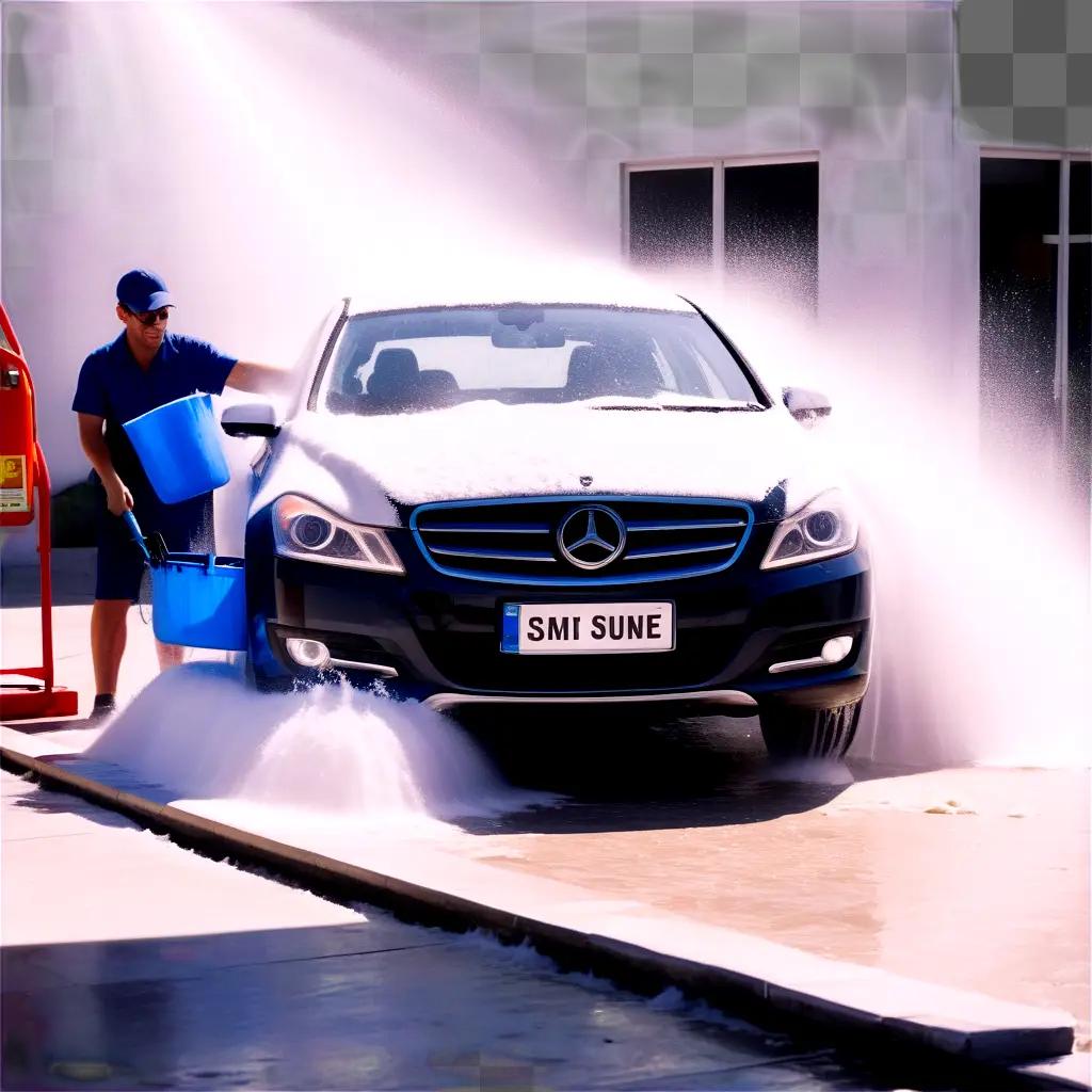 man washes a Mercedes in a car wash