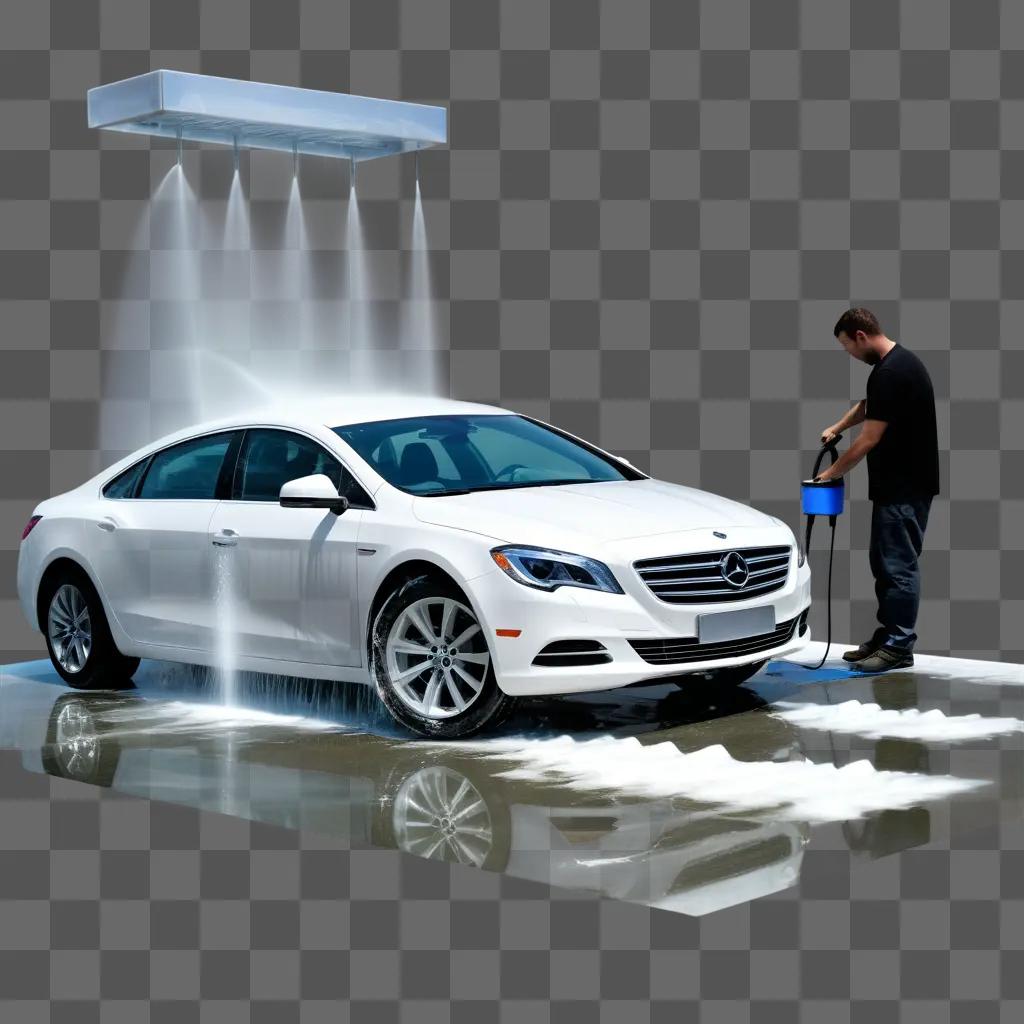 man washes a transparent car in a car wash