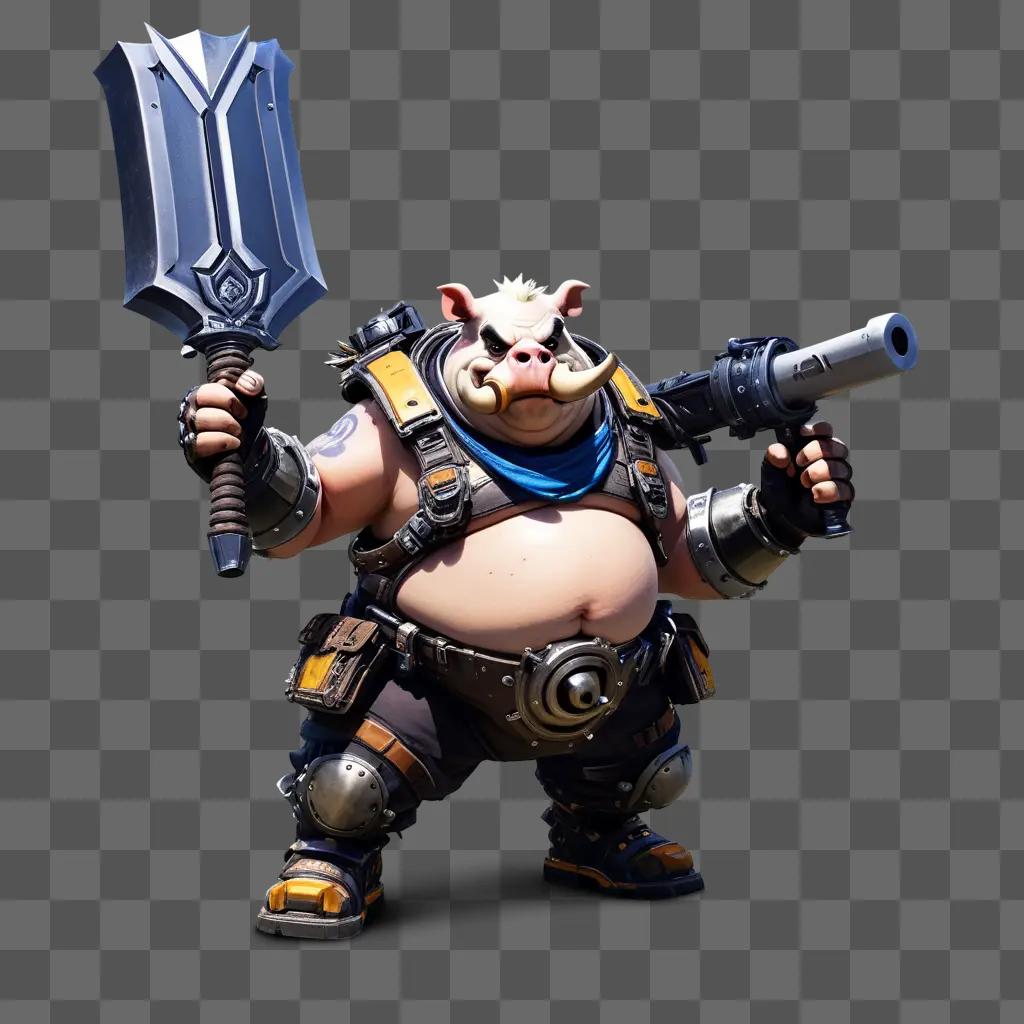 man wearing a Roadhog costume holding weapons