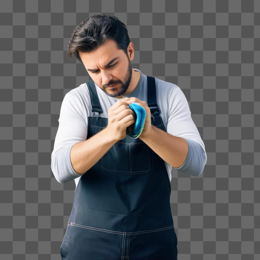 man wearing a blue overalls fixing something