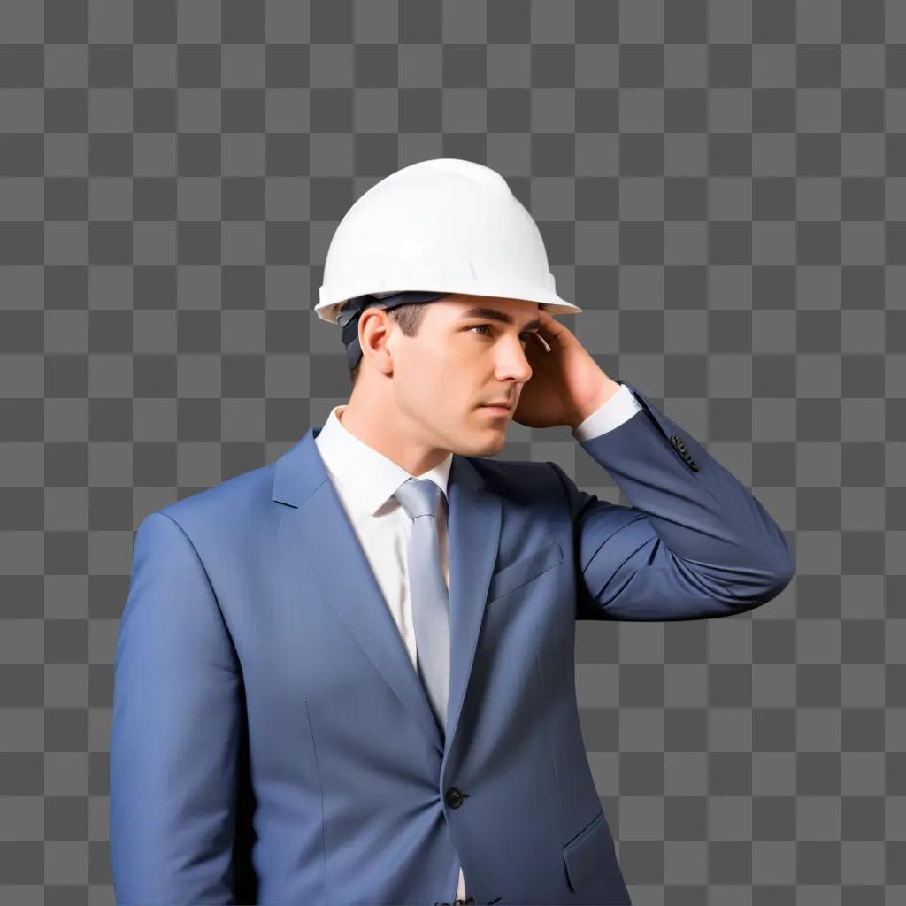 man wearing a hard hat stands against a blue wall