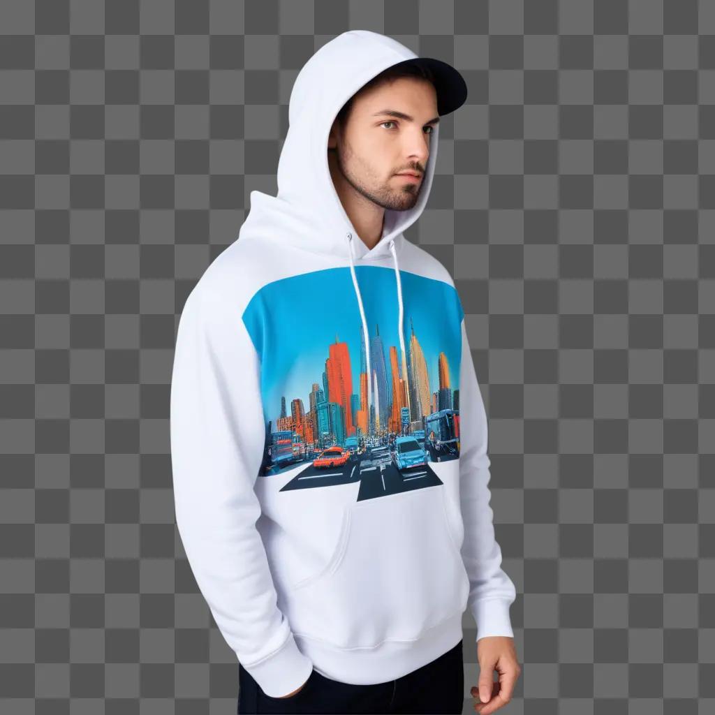 man wearing a hoodie with a cityscape design