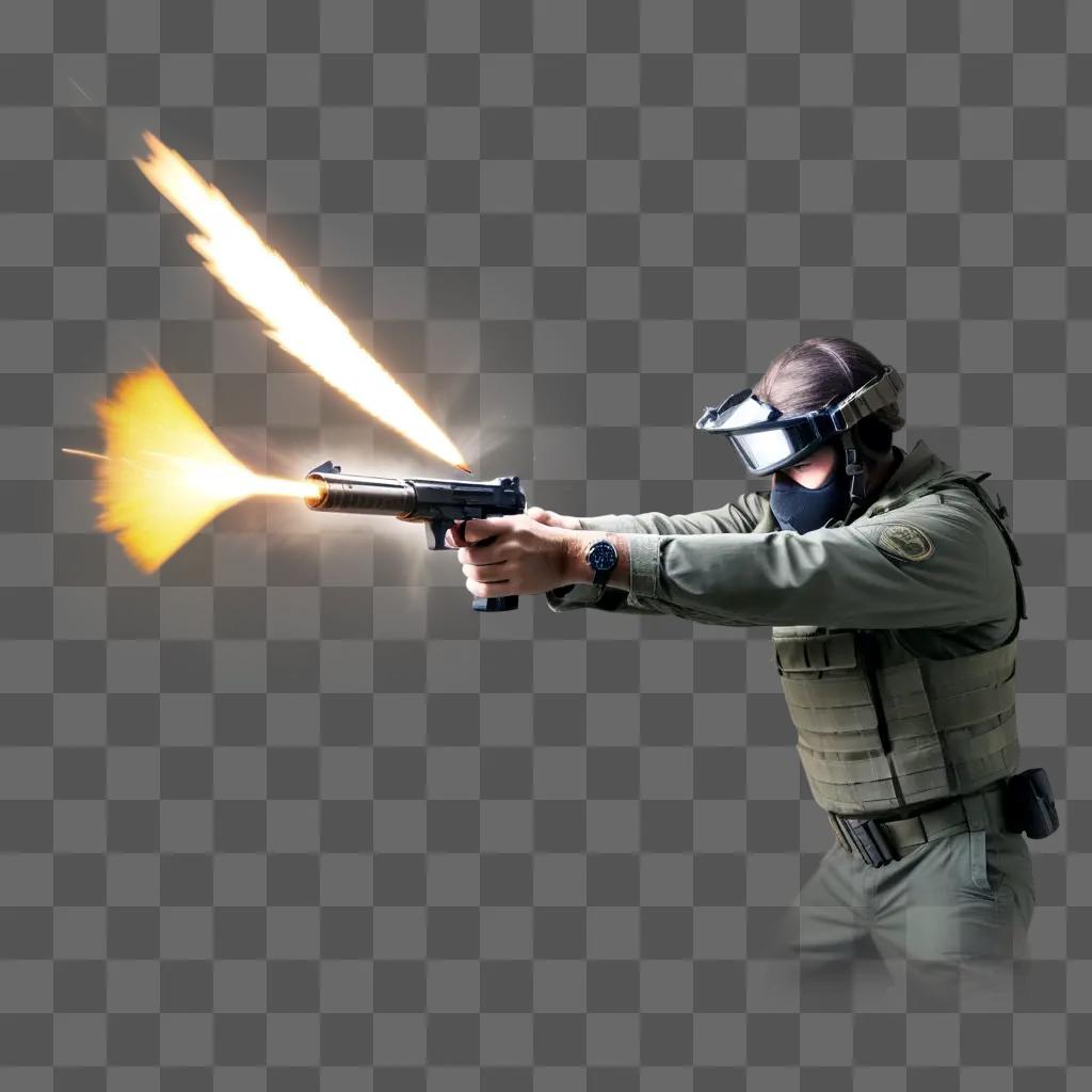 man wearing a muzzle flash fires a gun