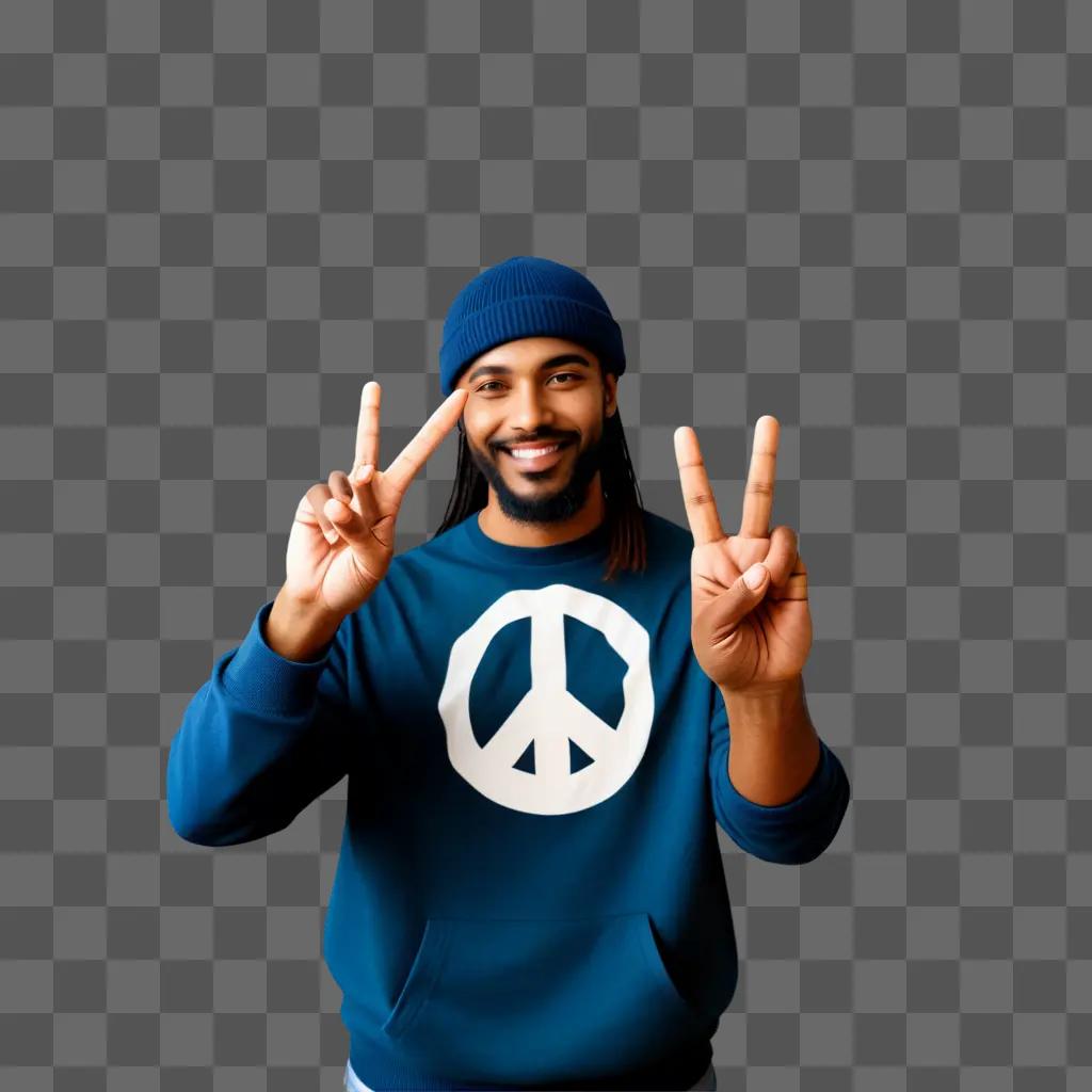 man wearing a peace sign on his shirt and holding his peace sign