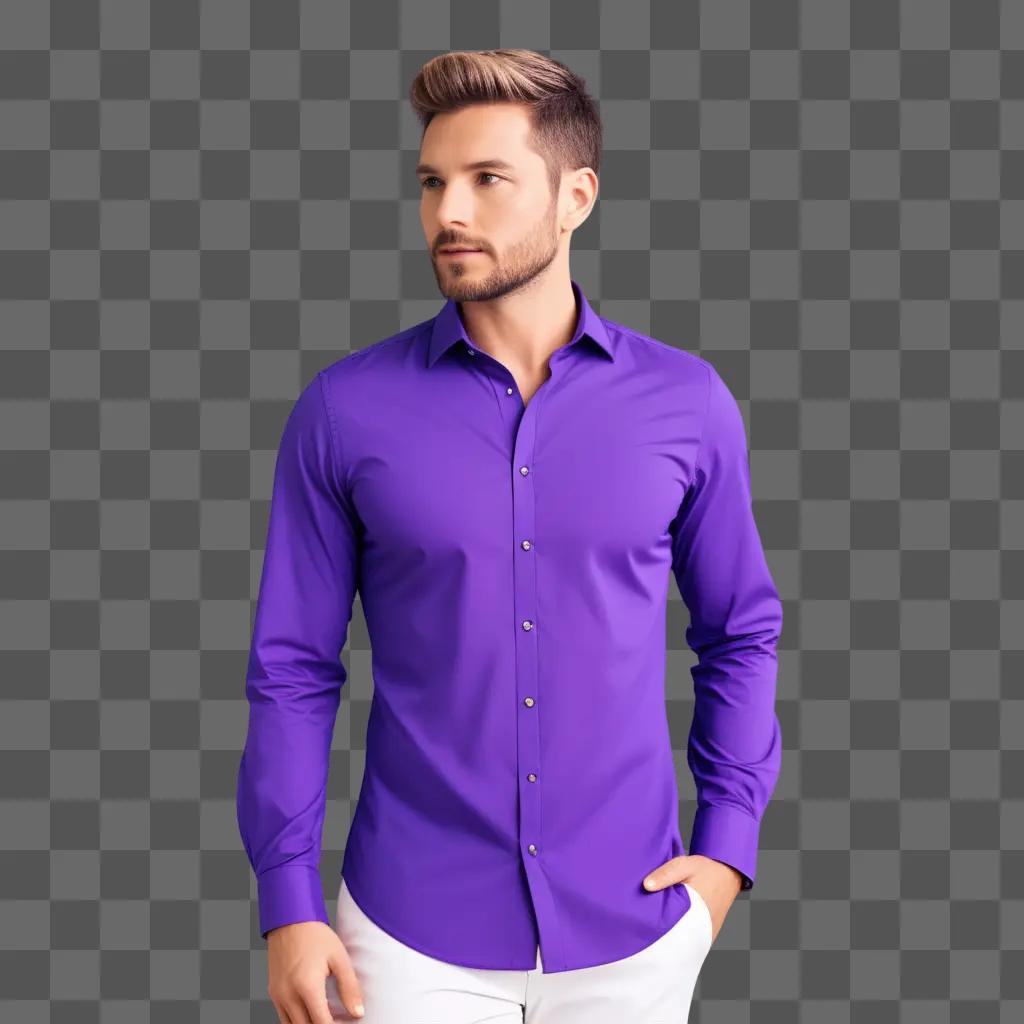 man wearing a purple shirt poses against a purple background