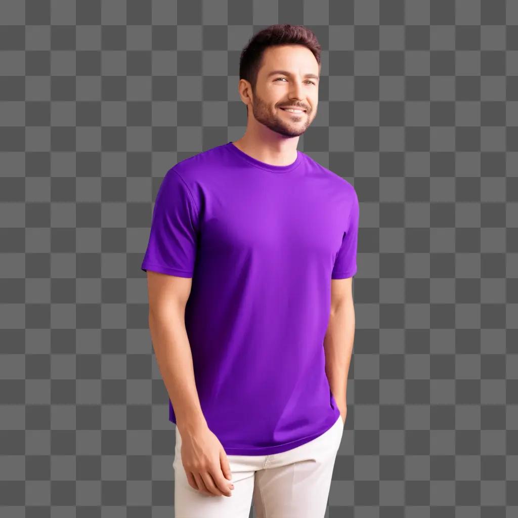 man wearing a purple shirt poses against a purple background