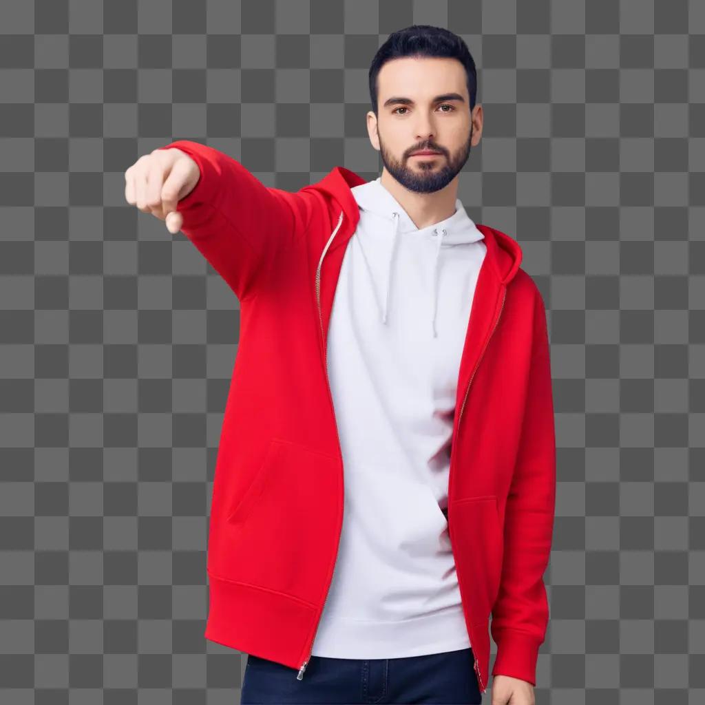 man wearing a red hoodie points his finger at the camera