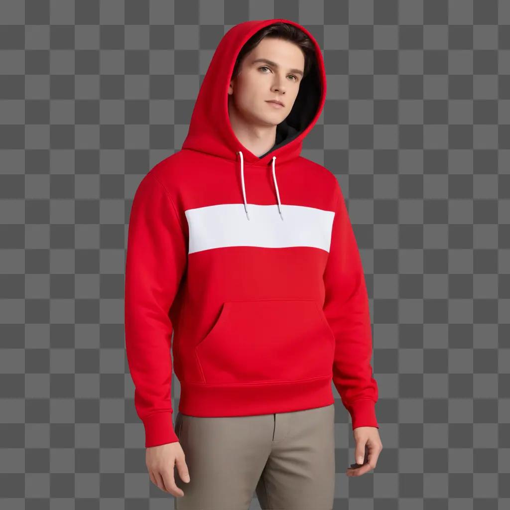 man wearing a red hoodie stands in front of a red background