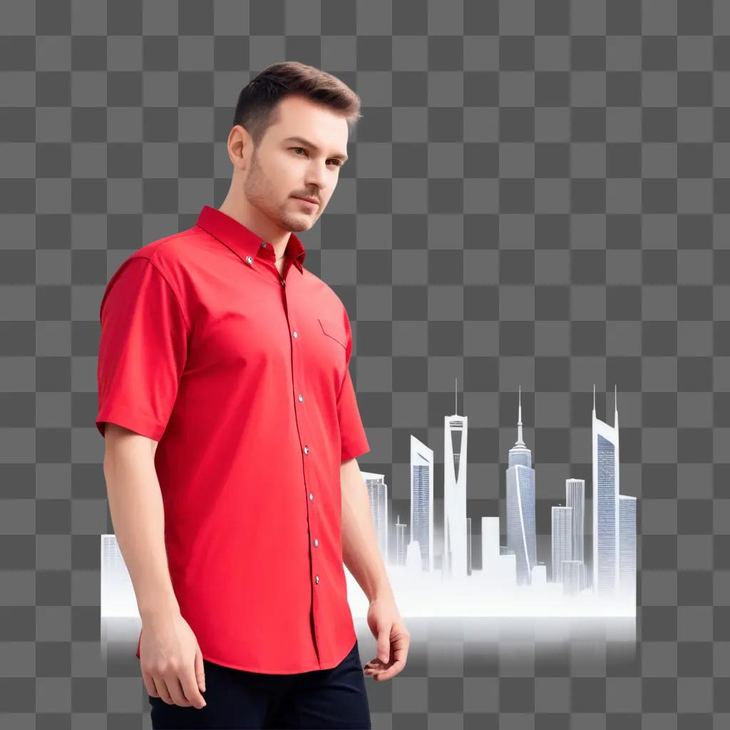 man wearing a red shirt poses against a city backdrop