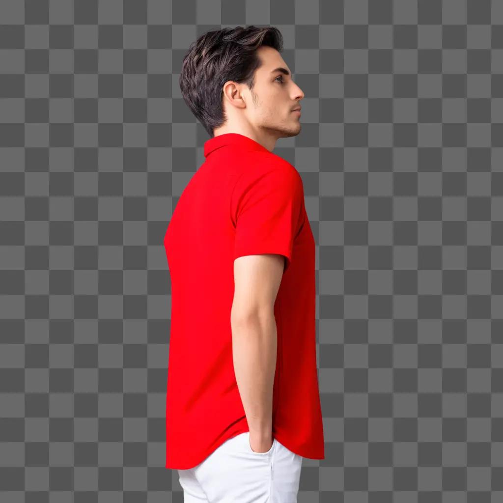 man wearing a red shirt stares into the distance