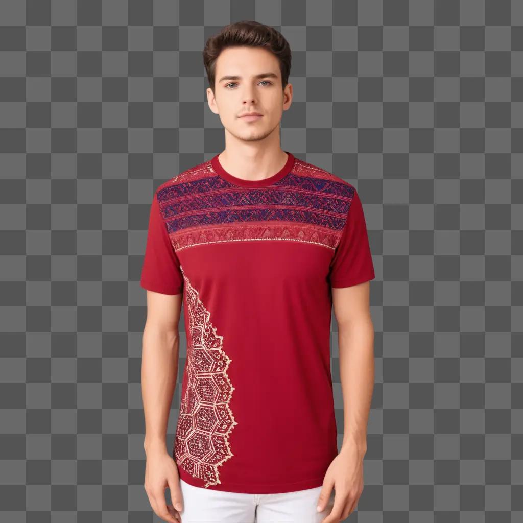 man wears a red shirt with a white design