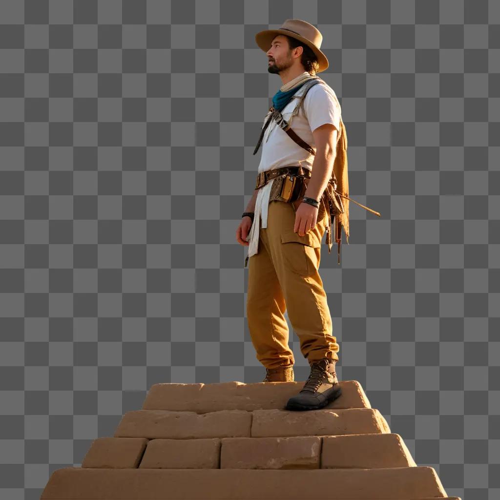 man with a backpack and hat on stands on a stone step