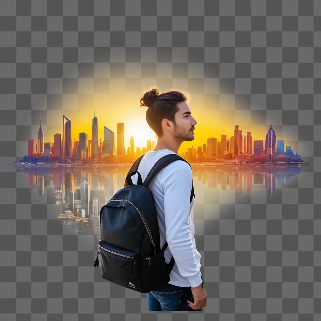 man with a backpack looks out over a city