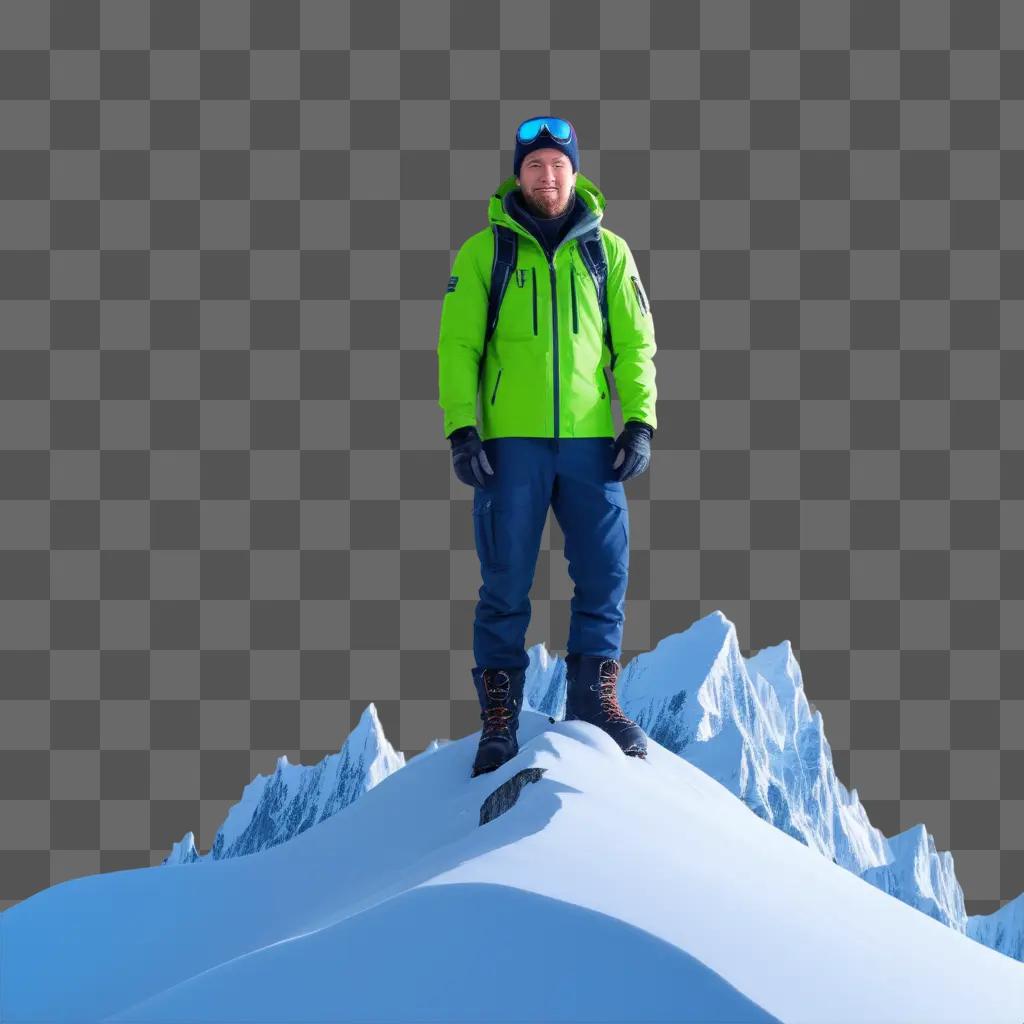 man with a backpack standing on a snowy mountain peak