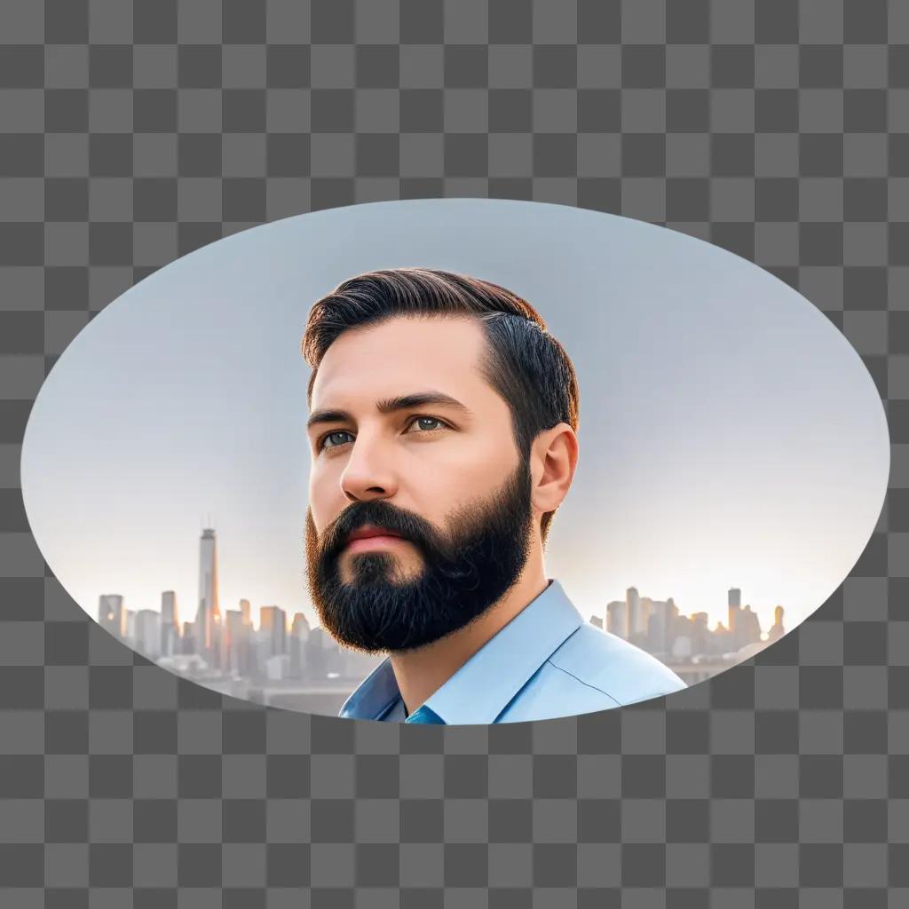 man with a beard and a transparent city background