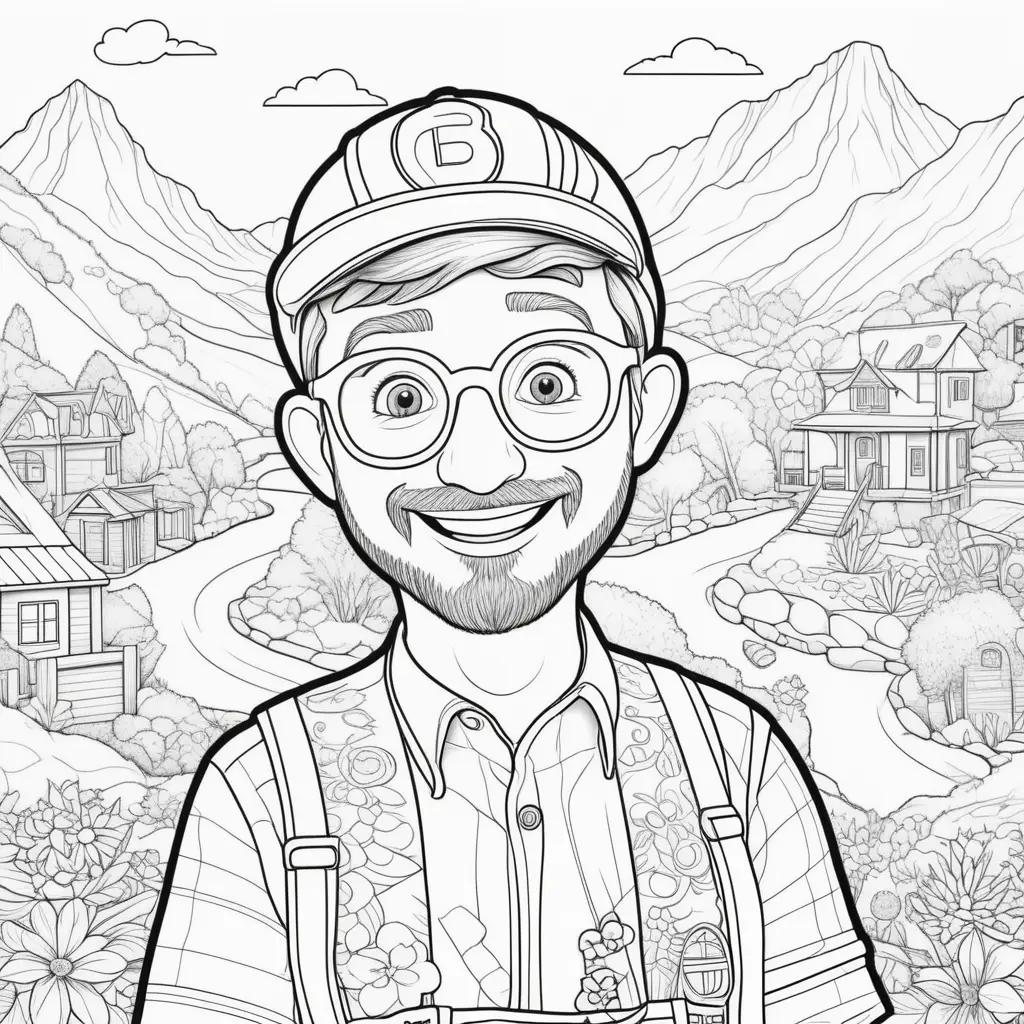 man with a beard and glasses in a black and white blippi coloring page