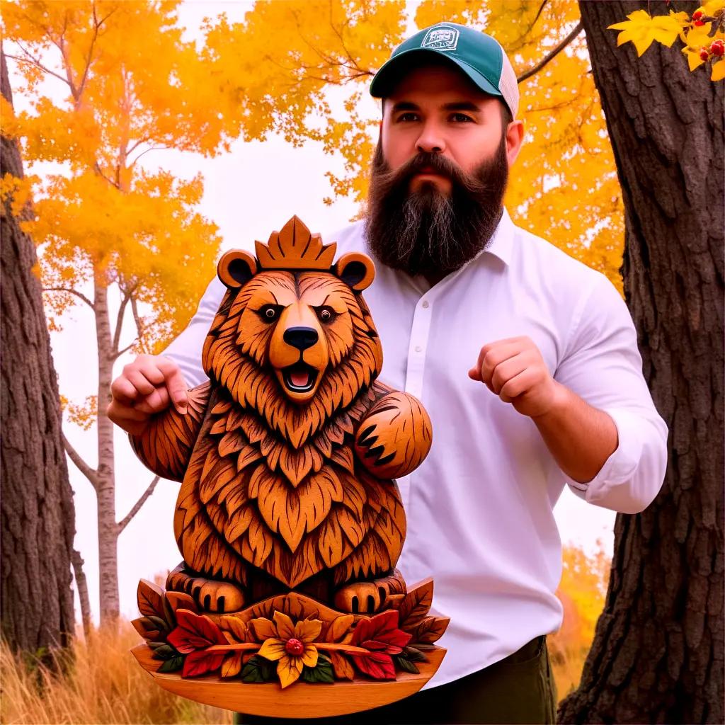 man with a beard holds a bear figurine