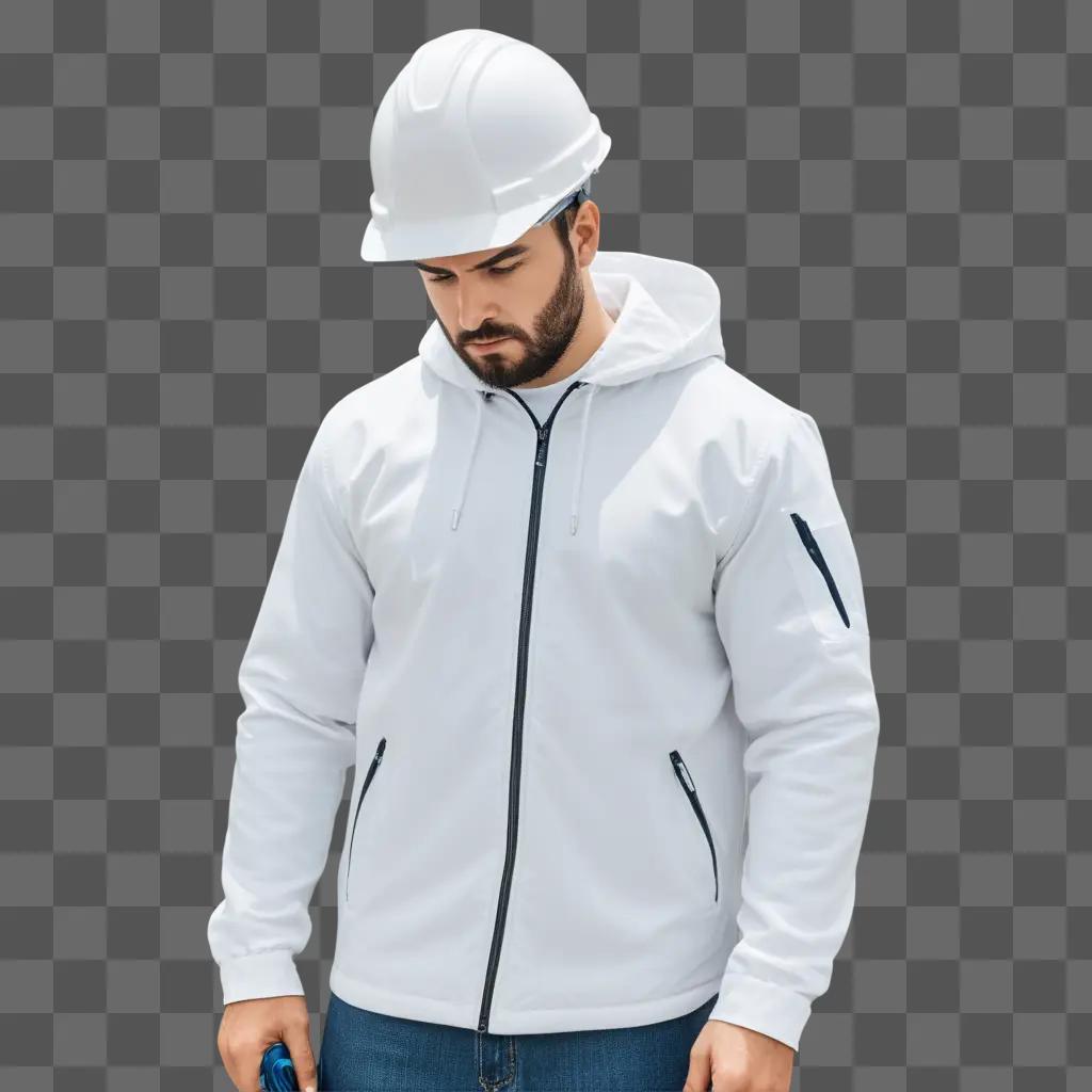 man with a beard wearing a white hard working jacket