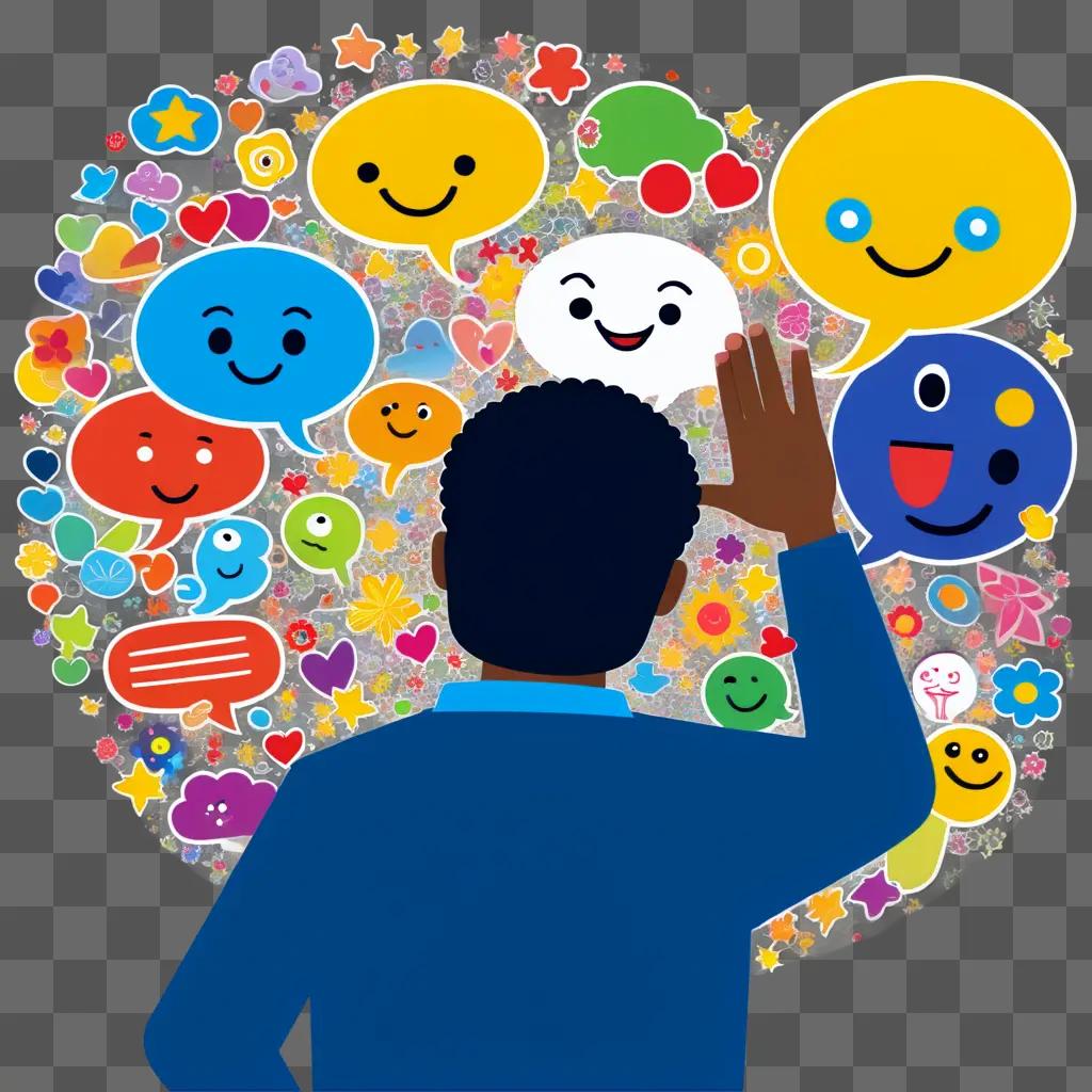 man with a hand raised, surrounded by various cartoon faces