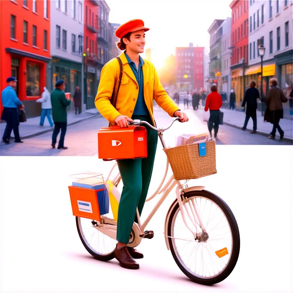 man with a postite box on a bike