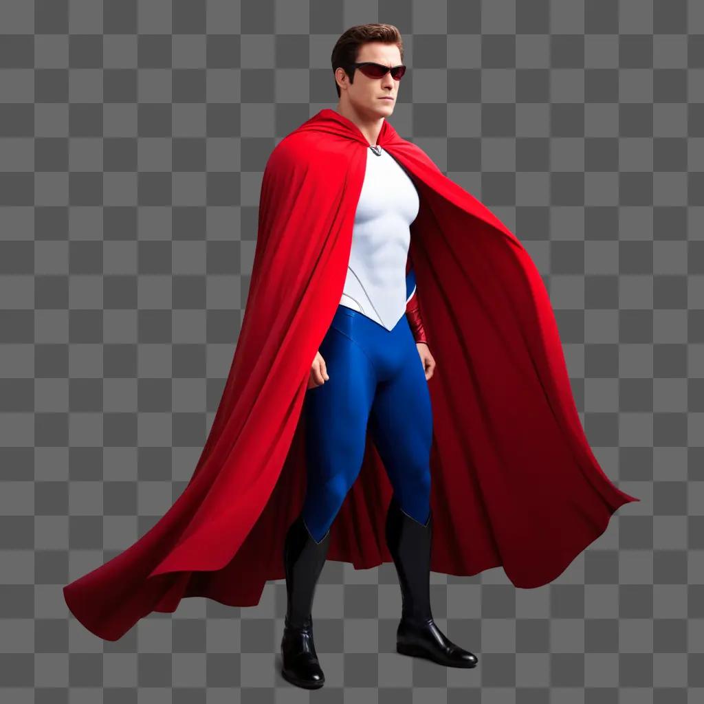 man with a red cape stands in front of a red background