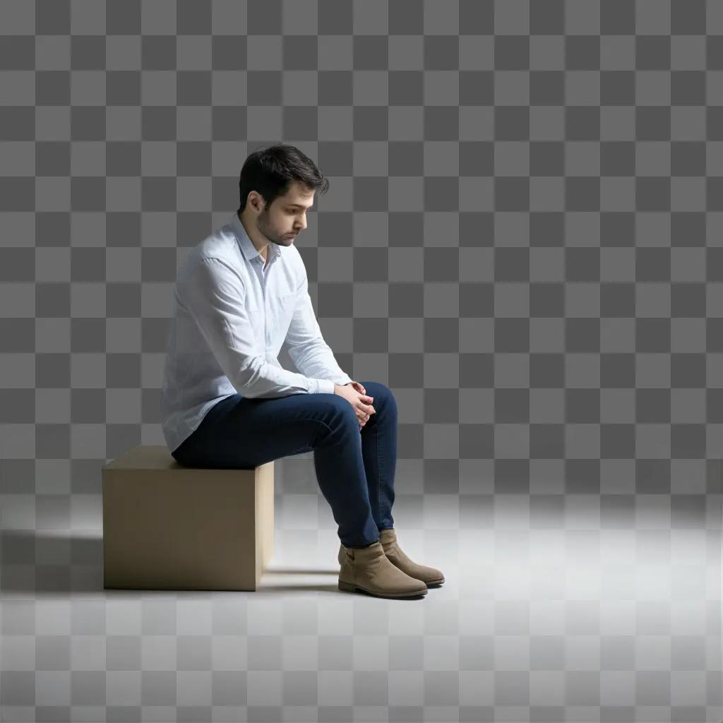 man with a somber expression sits on a box