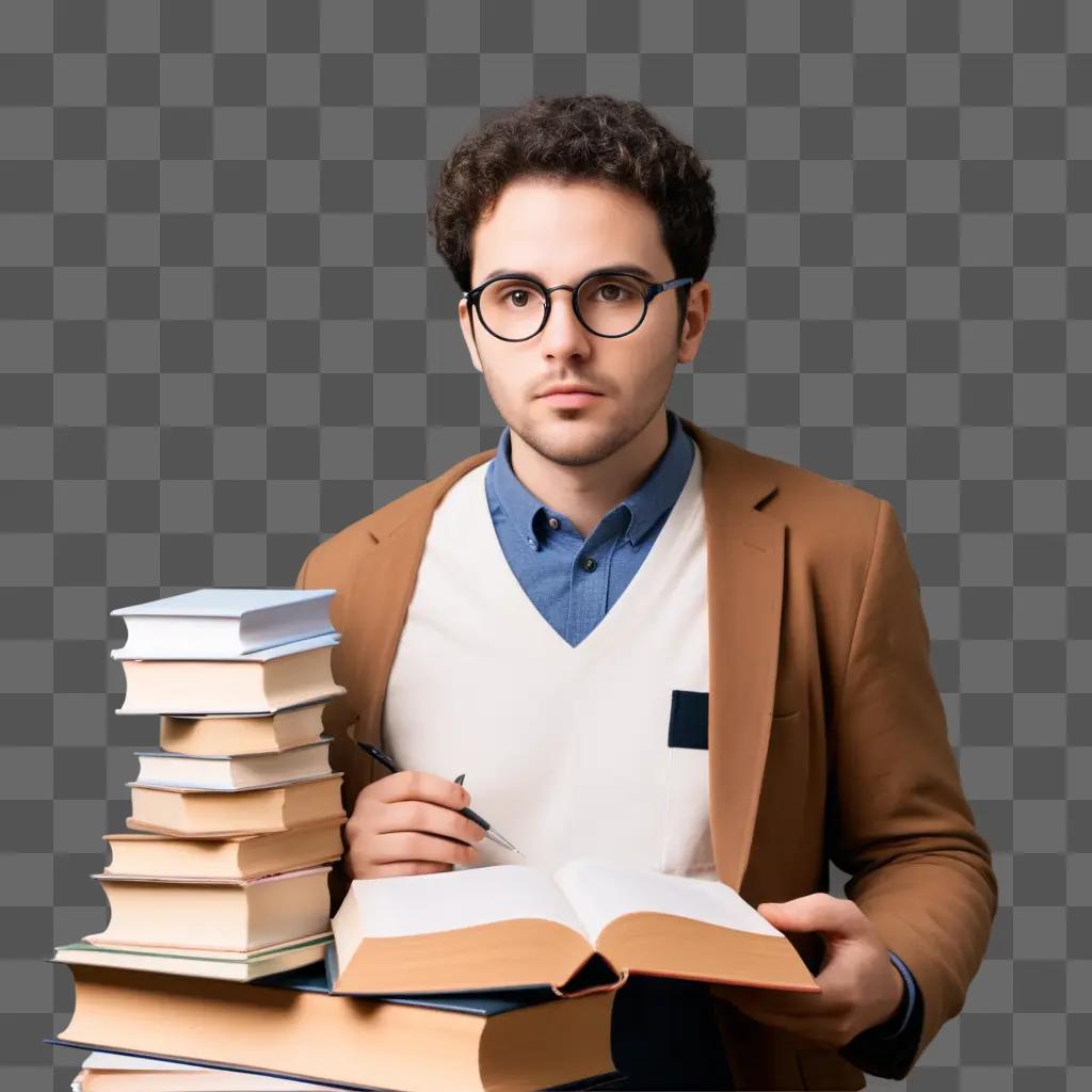 man with a stack of books, wearing glasses and holding a pen