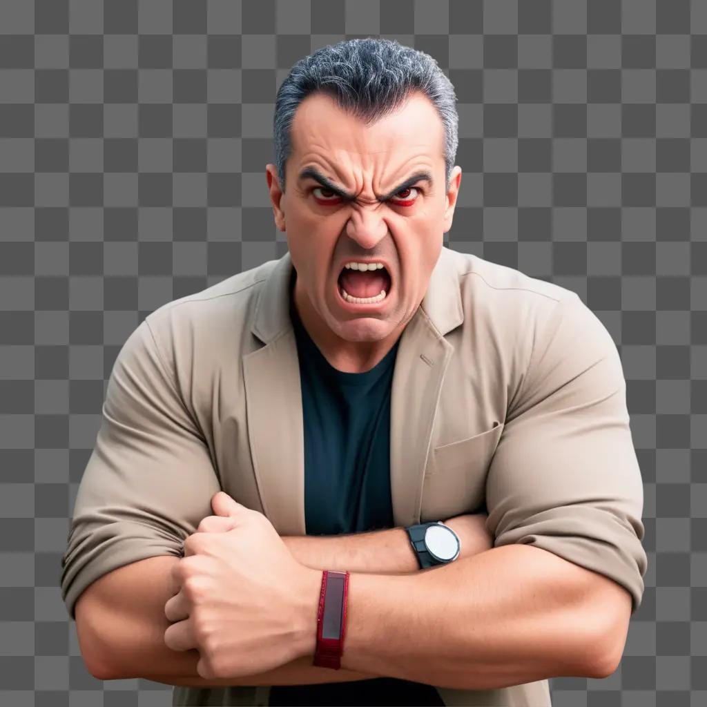 man with an angry face on a beige background