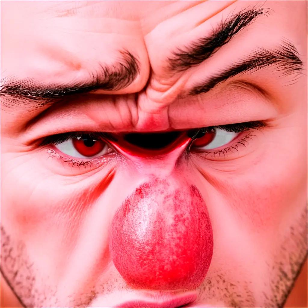 man with an angry face wearing a red clown nose